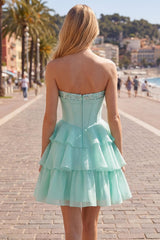 Suzhoufashion Mint Green Strapless Beaded A-Line Corset Short Homecoming Dress with Ruffles