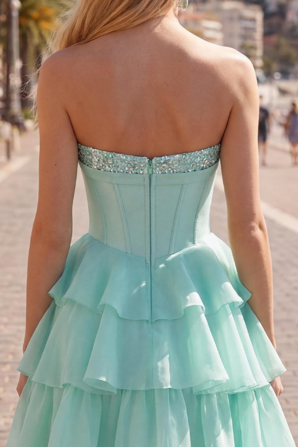 Suzhoufashion Mint Green Strapless Beaded A-Line Corset Short Homecoming Dress with Ruffles