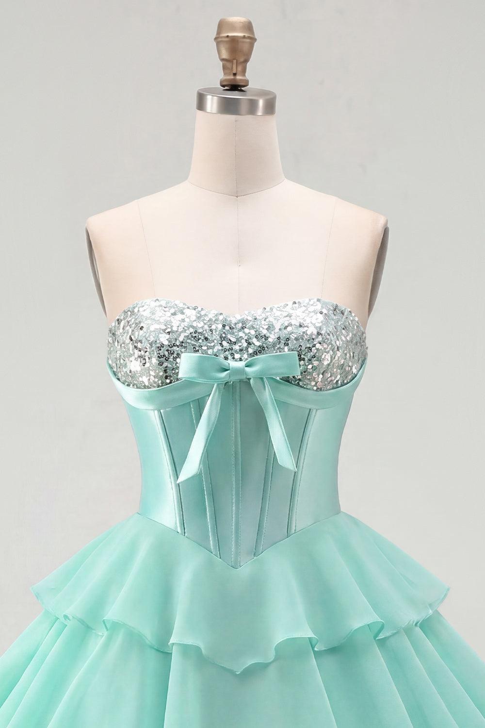 Suzhoufashion Mint Green Strapless Beaded A-Line Corset Short Homecoming Dress with Ruffles
