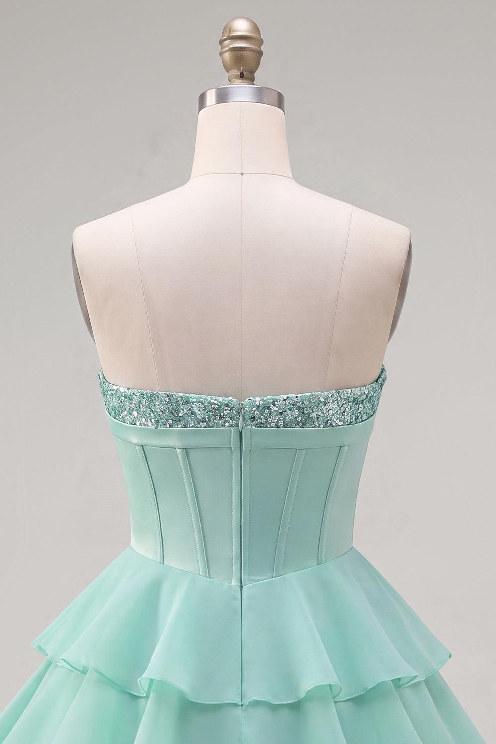 Suzhoufashion Mint Green Strapless Beaded A-Line Corset Short Homecoming Dress with Ruffles