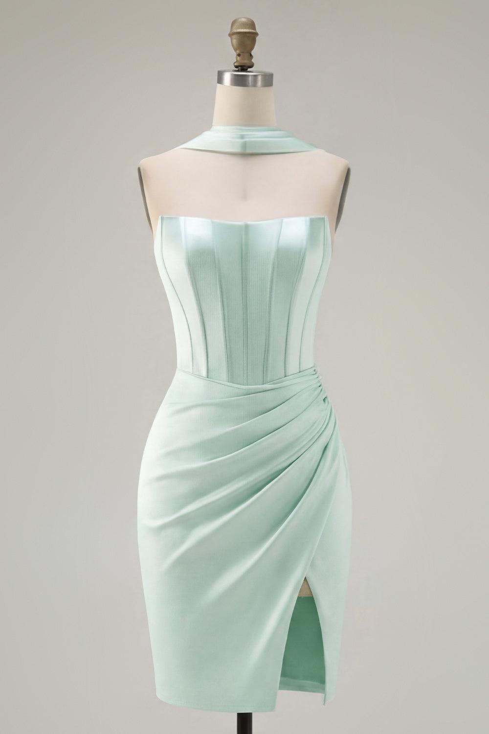 Suzhoufashion Mint Green Strapless Ruched Corset Tight Short Homecoming Dress with Slit