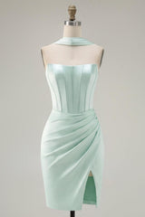 Suzhoufashion Mint Green Strapless Ruched Corset Tight Short Homecoming Dress with Slit