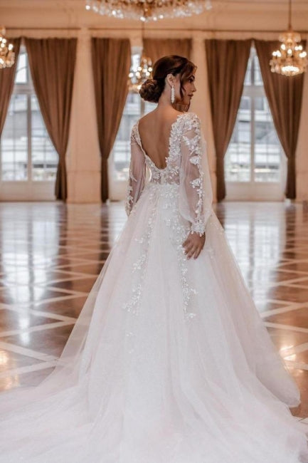 Suzhoufashion Modern Lace Wedding Dresses With Long Sleeves A-line V-neck