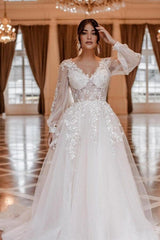 Suzhoufashion Modern Lace Wedding Dresses With Long Sleeves A-line V-neck