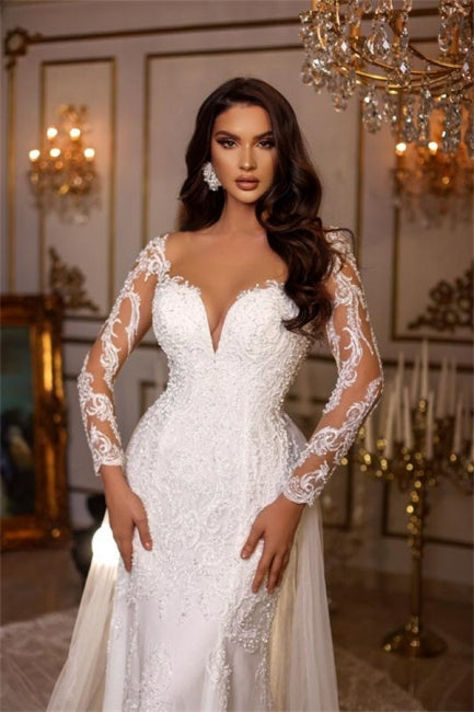 Suzhoufashion Modern Long A-line V-neck Lace Appliques Wedding Dresses With Long Sleeves