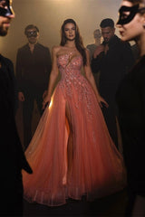 Suzhoufashion Modern Long Coral A-line One Shoulder Beading Sleeveless Evening Dresses With Slit
