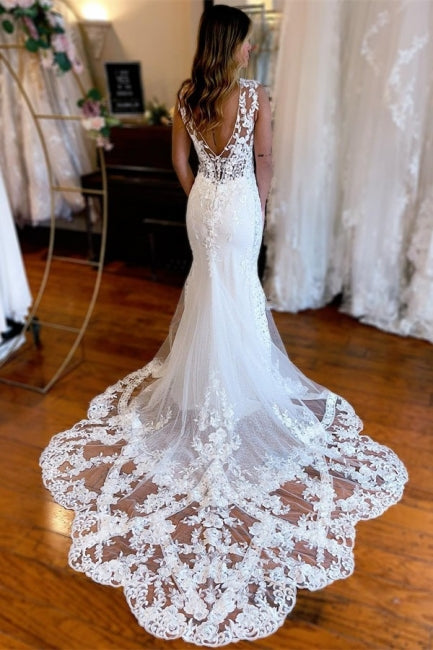 Suzhoufashion Modern Long Mermaid V-neck Backless Lace Sleeveless Beach Wedding Dresses With Train