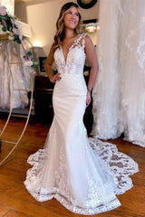 Suzhoufashion Modern Long Mermaid V-neck Backless Lace Sleeveless Wedding Dresses With Train