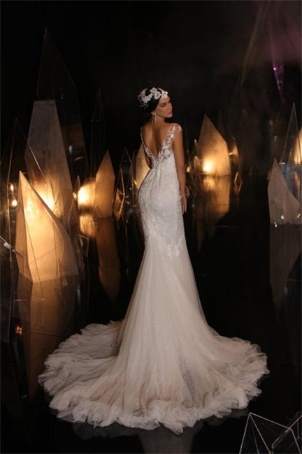 Suzhoufashion Modern Long V-neck Mermaid Lace Appliques Sleeveless Wedding Dresses