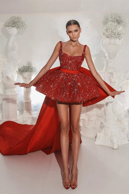 Suzhoufashion Modern Red Lace Straps Cocktail Dresses Short Glitter Sleeveless Evening Gowns
