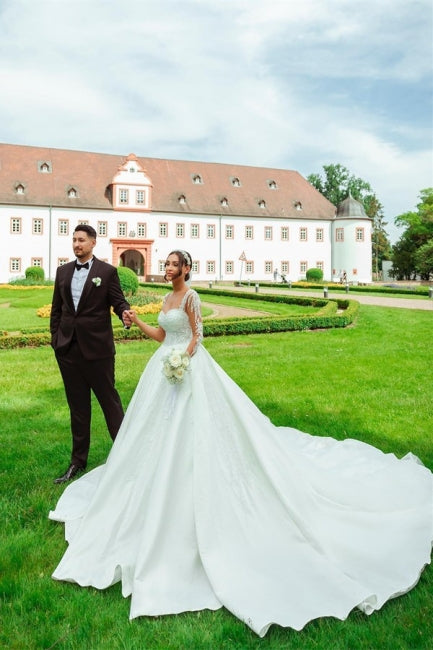 Suzhoufashion Modern Sweetheart Long White Satin Lace Wedding Dresses With Long Sleeves