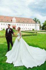 Suzhoufashion Modern Sweetheart Long White Satin Lace Wedding Dresses With Long Sleeves