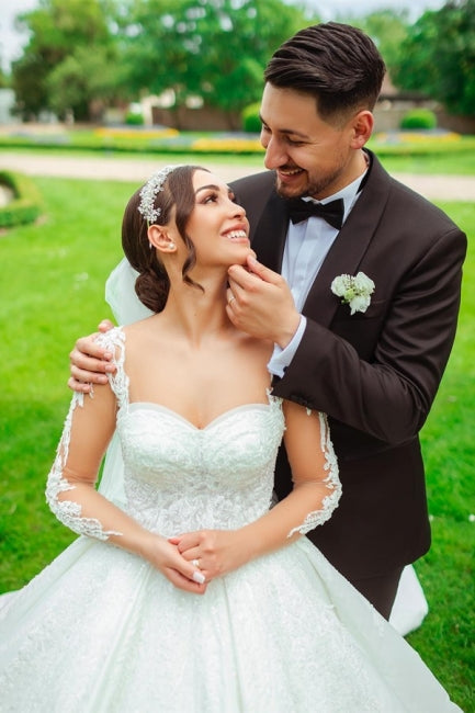 Suzhoufashion Modern Sweetheart Long White Satin Lace Wedding Dresses With Long Sleeves