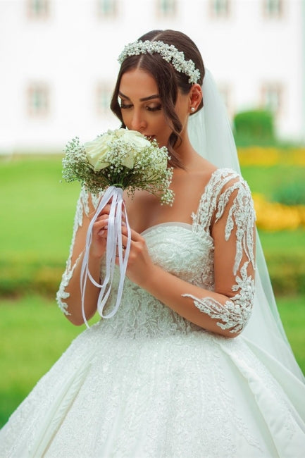 Suzhoufashion Modern Sweetheart Long White Satin Lace Wedding Dresses With Long Sleeves