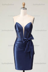 Suzhoufashion Navy Basque Waist Beaded Corset Tight Short Homecoming Dress with Bow