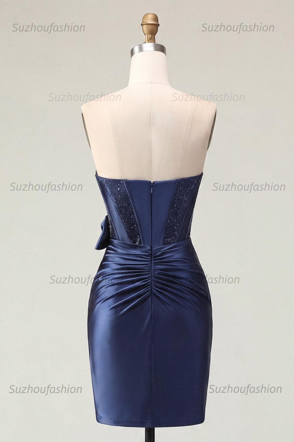 Suzhoufashion Navy Basque Waist Beaded Corset Tight Short Homecoming Dress with Bow