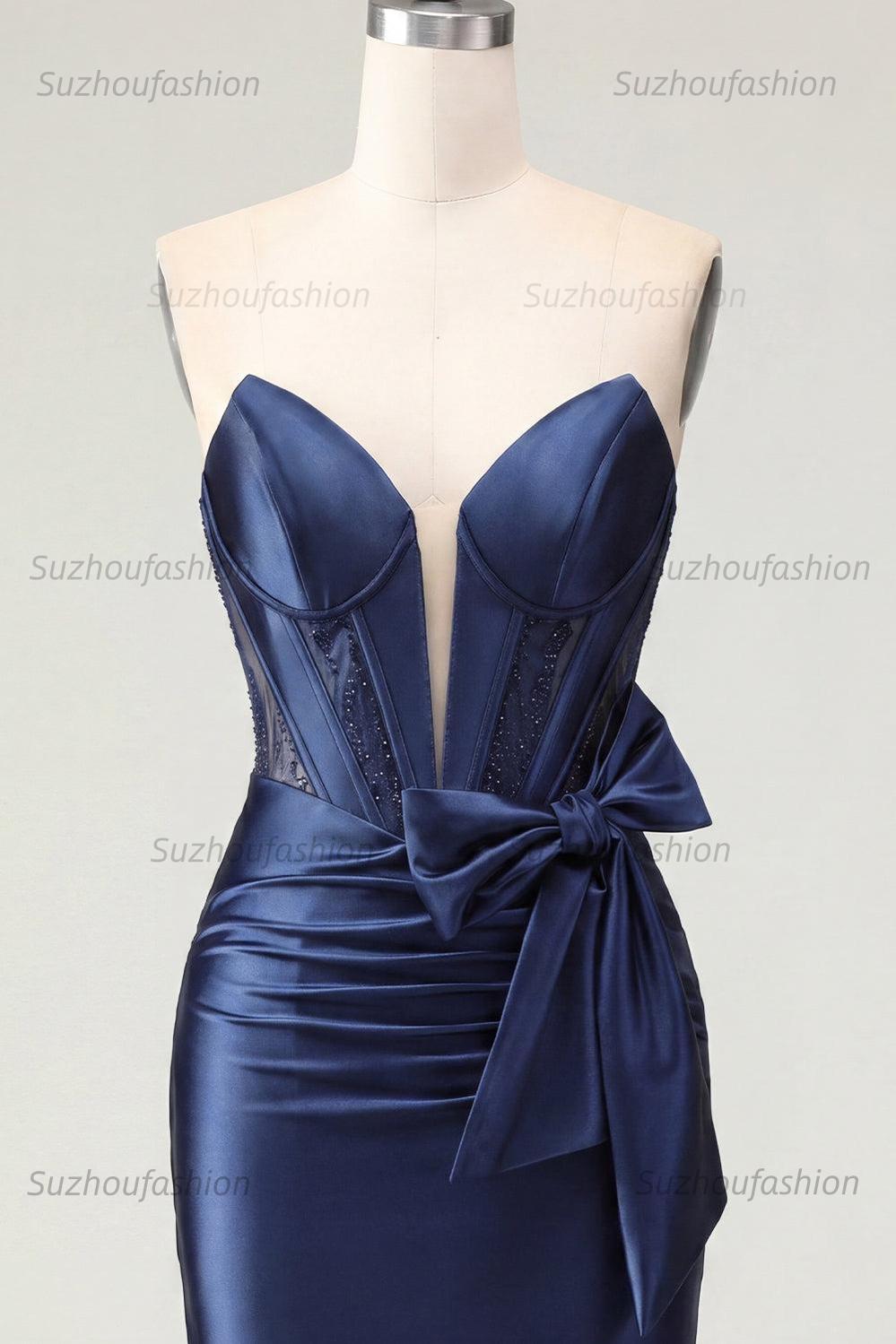 Suzhoufashion Navy Basque Waist Beaded Corset Tight Short Homecoming Dress with Bow
