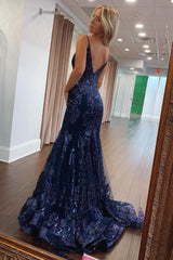 Suzhoufashion Navy Blue Mermaid Spaghetti Strap Long Sequin Prom Dress Formal Evening Gown