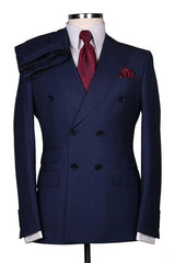 Suzhoufashion Navy Double Breasted Striped Peaked Lapel Men Suits