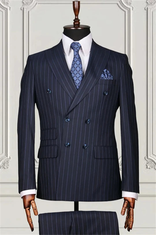 Suzhoufashion Navy Formal Striped Double Breasted Bespoke Men Suits