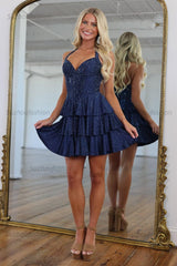 Suzhoufashion Navy Glitter Halter Corset Tiered Homecoming Dress