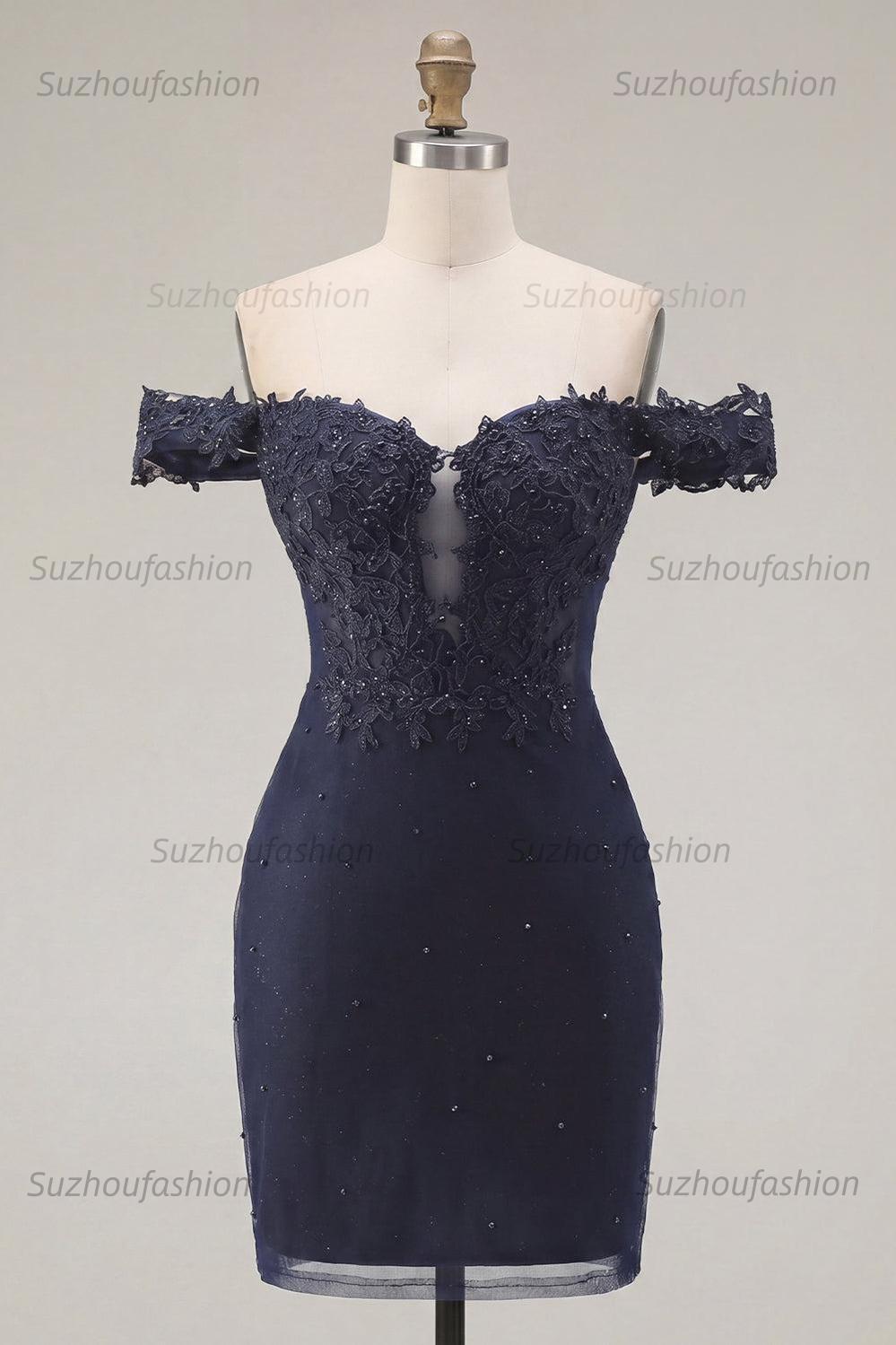 Suzhoufashion Navy Off-the-Shoulder Beaded Ruched Tight Short Homecoming Dress