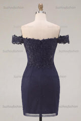 Suzhoufashion Navy Off-the-Shoulder Beaded Ruched Tight Short Homecoming Dress