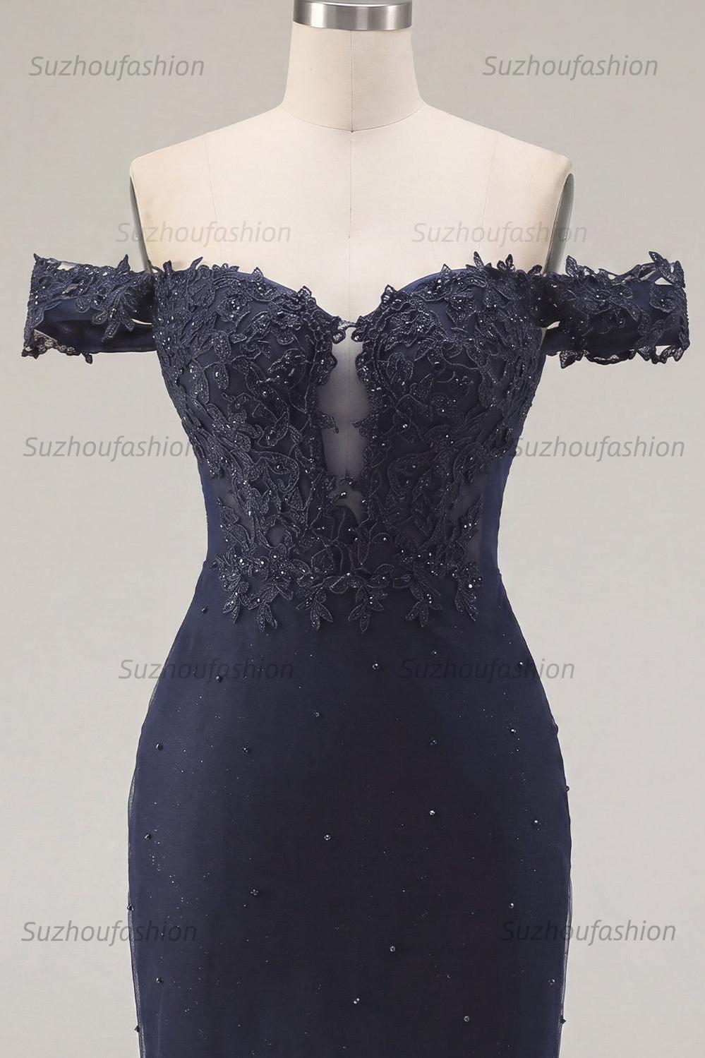Suzhoufashion Navy Off-the-Shoulder Beaded Ruched Tight Short Homecoming Dress