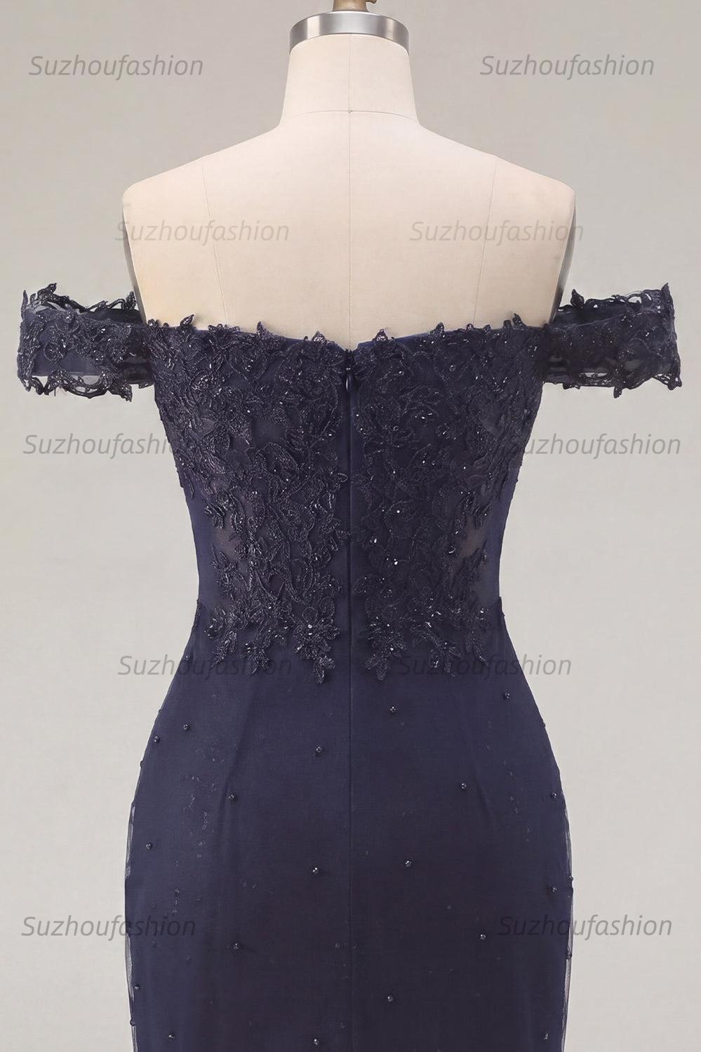 Suzhoufashion Navy Off-the-Shoulder Beaded Ruched Tight Short Homecoming Dress