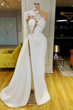 Suzhoufashion New Arrival One Shoulder Long Sleeve Evening Prom Dresses With Lace Appliques Side Slit