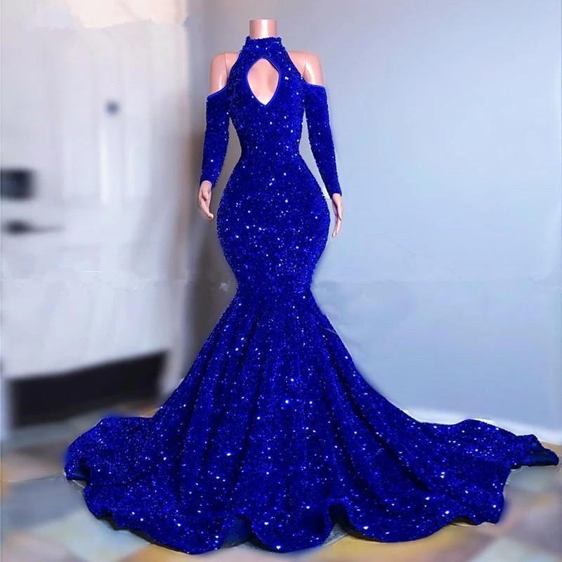 Suzhoufashion New Arrival Royal Blue Long Sleeves Evening Prom Dresses Mermaid Long With Sequins
