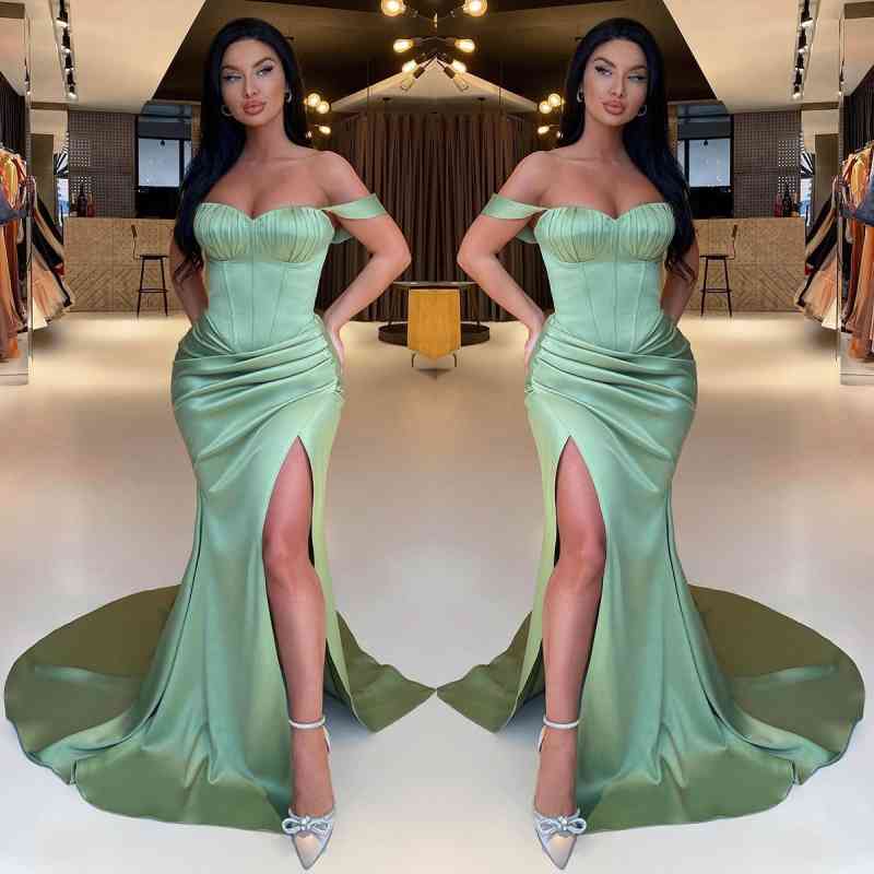 Suzhoufashion New Arrival Sage Green Off-the-Shoulder Evening Prom Dresses Mermaid Slit