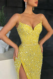 Suzhoufashion New Arrival Yellow Sequins Evening Prom Dresses Mermaid Split Long Evening Party Gowns