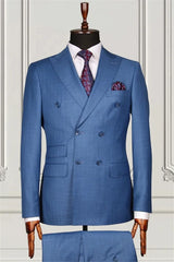 Suzhoufashion Ocean Blue Three Pieces Plaid Peaked Lapel Men Suits