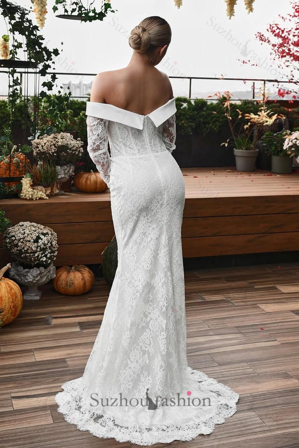 Suzhoufashion Women Off The Shoulder Beach Wedding Dress Long Sleeve Lace SheathColumn Bridal Gown – suzhoufashion