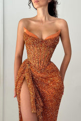 Suzhoufashion Orange Strapless Sequin Prom Dress With Corset And Slit Formal Evening Gown