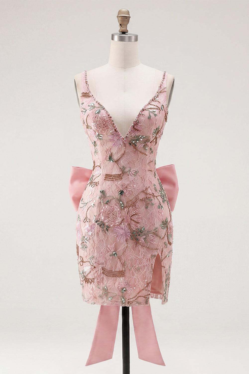 Suzhoufashion Pink Beaded Floral Short Homecoming Dress | V-Neck Bodycon with Bow