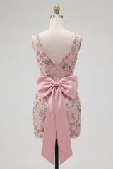 Suzhoufashion Pink Beaded Floral Short Homecoming Dress | V-Neck Bodycon with Bow