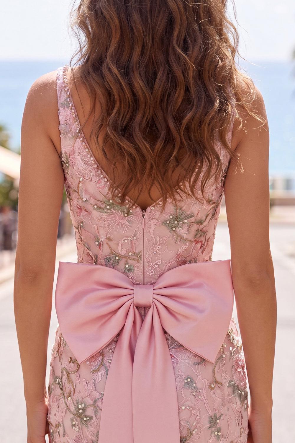 Suzhoufashion Pink Beaded Floral Short Homecoming Dress | V-Neck Bodycon with Bow