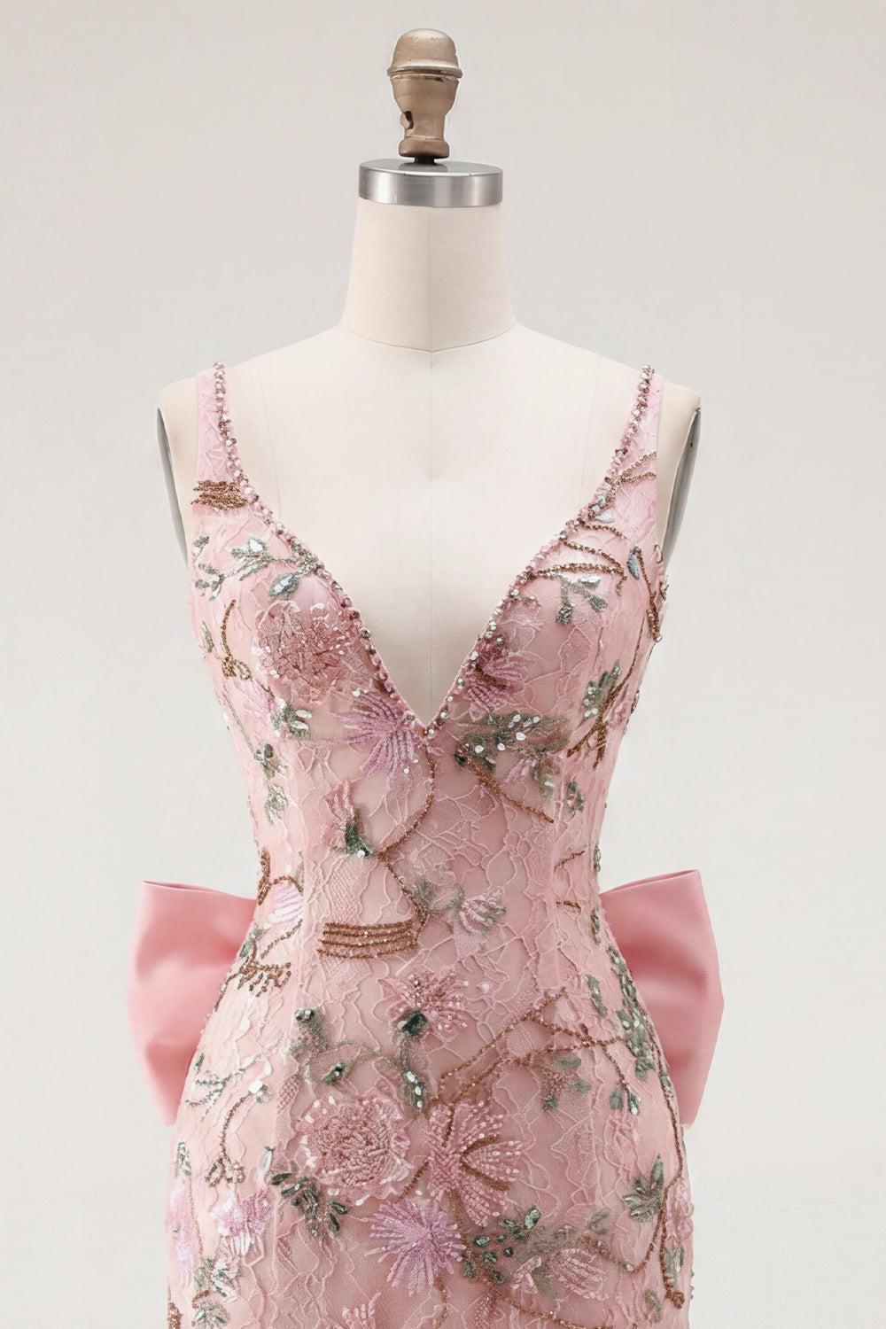 Suzhoufashion Pink Beaded Floral Short Homecoming Dress | V-Neck Bodycon with Bow
