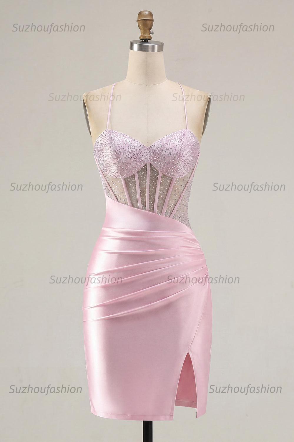 Suzhoufashion Pink Beaded Ruched Corset Tight Short Homecoming Dress with Slit