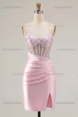 Suzhoufashion Pink Beaded Ruched Corset Tight Short Homecoming Dress with Slit