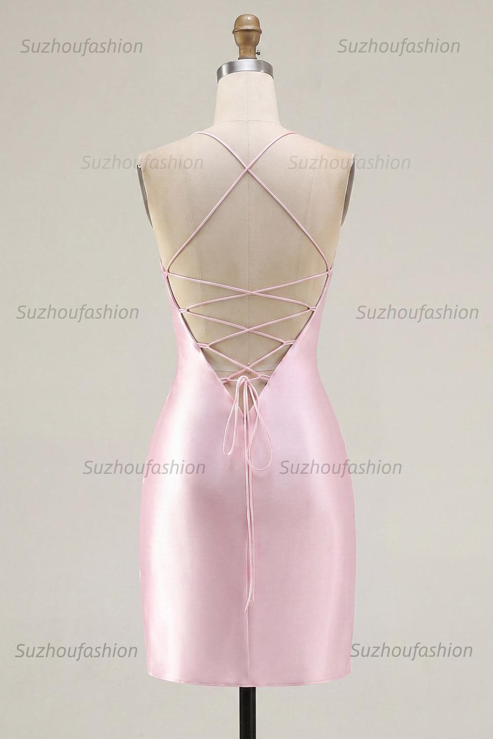 Suzhoufashion Pink Beaded Ruched Corset Tight Short Homecoming Dress with Slit