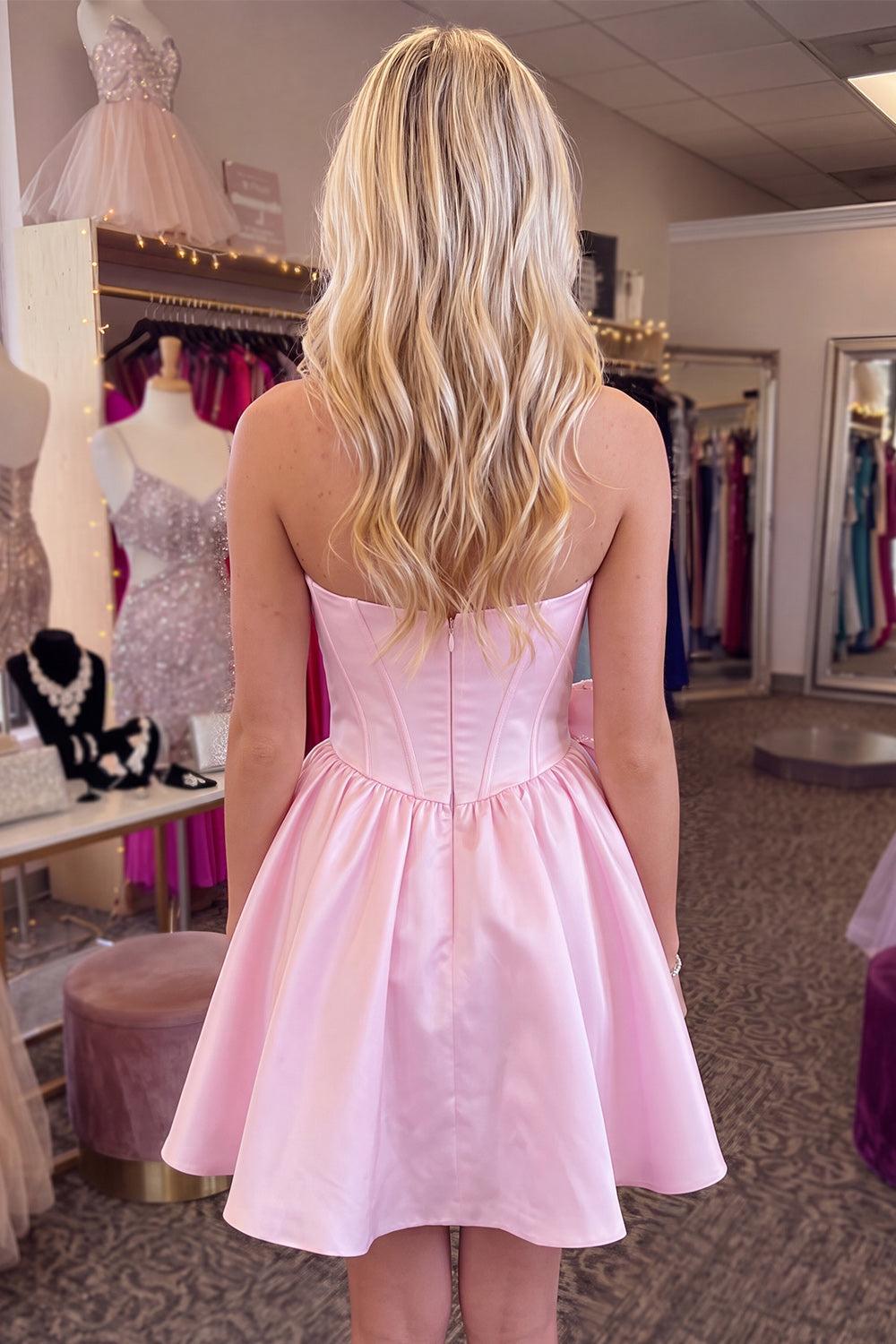 Suzhoufashion Pink Beaded Strapless A Line Short Corset Homecoming Dress with Bow