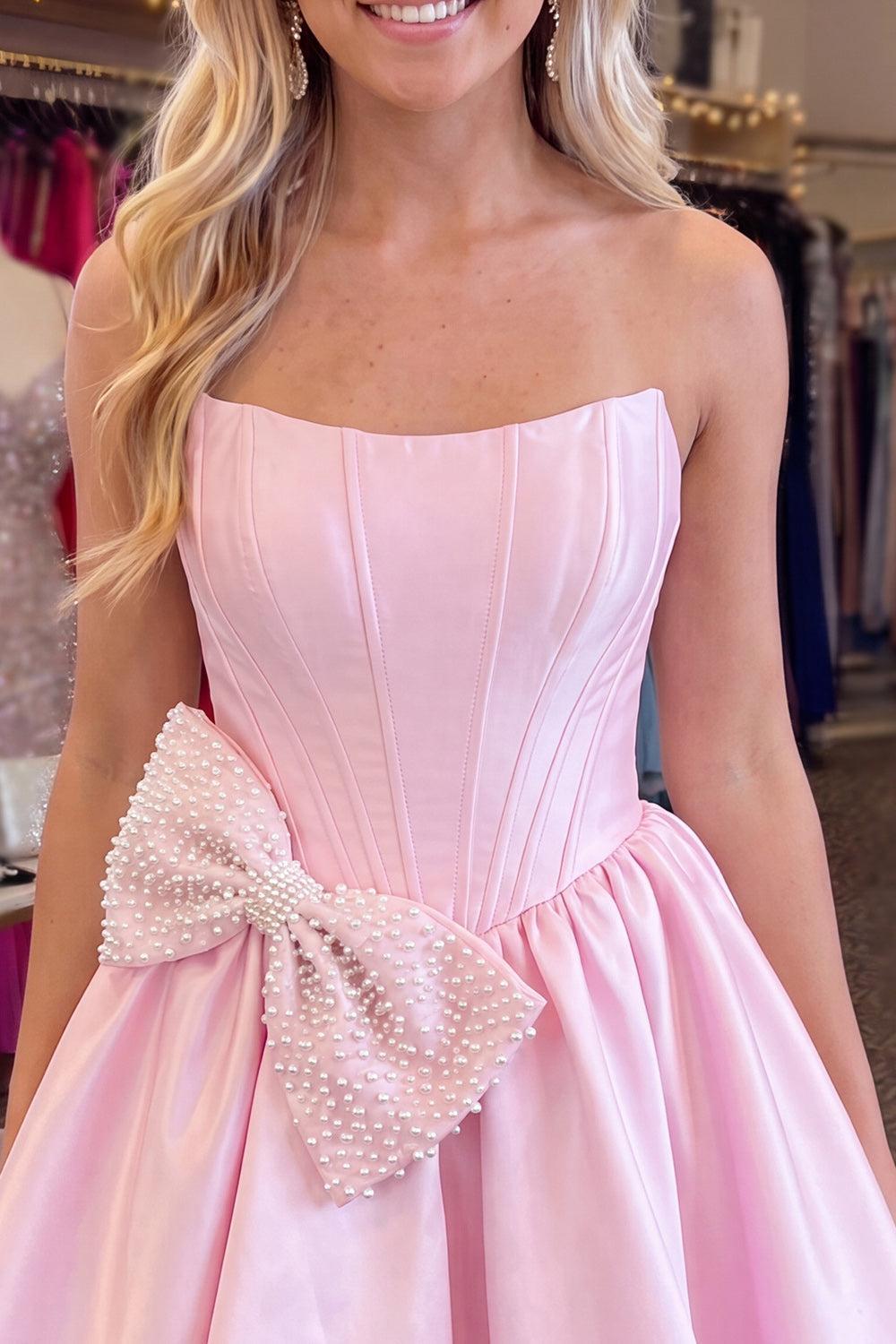 Suzhoufashion Pink Beaded Strapless A Line Short Corset Homecoming Dress with Bow