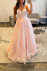 Suzhoufashion Pink Corset Prom Dress A Line Lace Long Formal Dress With Bow