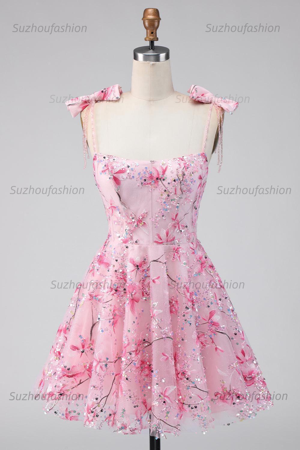 Suzhoufashion Pink Floral Beaded A-Line Short Homecoming Dress with Bows
