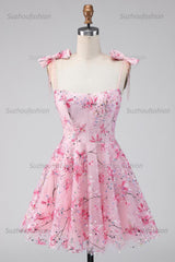 Suzhoufashion Pink Floral Beaded A-Line Short Homecoming Dress with Bows