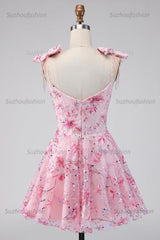 Suzhoufashion Pink Floral Beaded A-Line Short Homecoming Dress with Bows