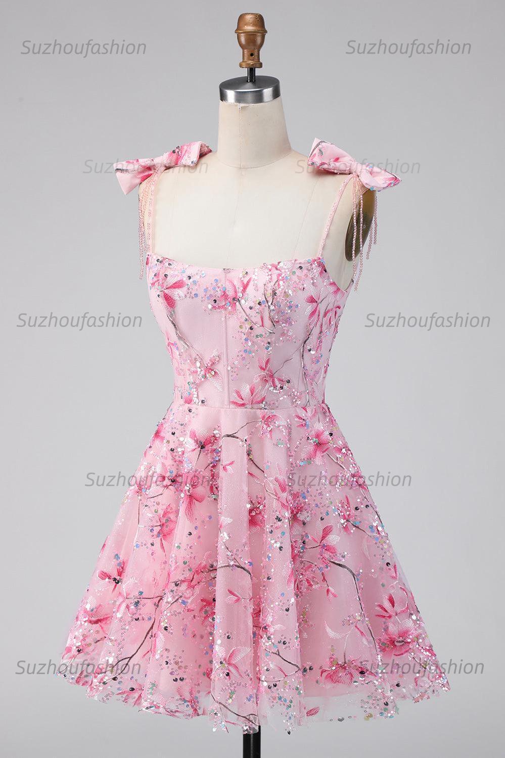 Suzhoufashion Pink Floral Beaded A-Line Short Homecoming Dress with Bows